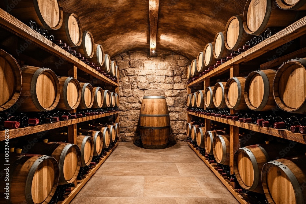 Poster a rustic wine cellar showcasing wooden barrels and neatly stacked wine bottles for a complete wine l