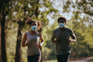 Fototapeta premium A couple jogs side by side in a peaceful park, both wearing masks for protection. They enjoy their outdoor workout amid trees on a bright day.