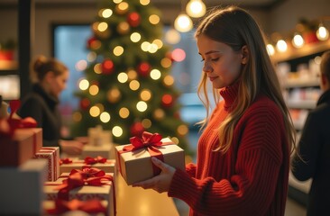 Girl choosing Christmas gifts