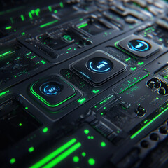 Fototapeta premium Futuristic high-tech user interfaces with glowing neon elements, advanced control panels, and holographic visuals in green, blue, and orange hues, ideal for sci-fi, cyberpunk, and tech-themed designs