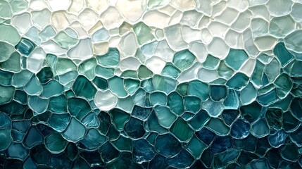 Silvery white sea glass tiles arranged in an oceanic mosaic, deep teal and sapphire hues, underwater effect, fantasy style, high contrast, 3D digital art