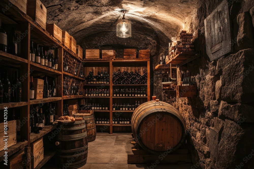 Aufkleber A rustic wine cellar showcasing wooden barrels and shelves filled with an array of fine wine bottles in a dimly lit space. Generative AI