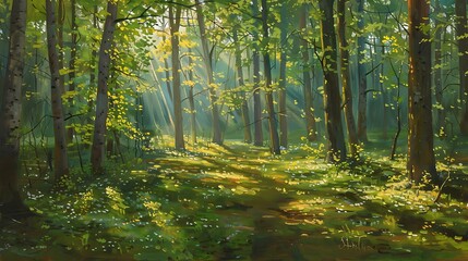 Obraz premium Bright spring morning in a silent forest, sunlight dappling through the leafy branches, creating a calming play of light and shadow on the forest floor