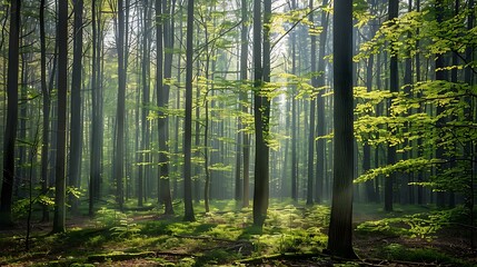 Obraz premium Bright spring morning in a silent forest, sunlight dappling through the leafy branches, creating a calming play of light and shadow on the forest floor