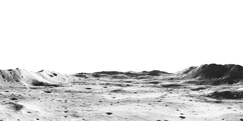 Lunar landscape with craters and mountains, isolated on transparent cutout background