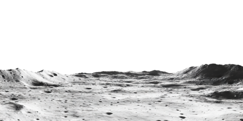 Lunar landscape with craters and mountains, isolated on transparent cutout background