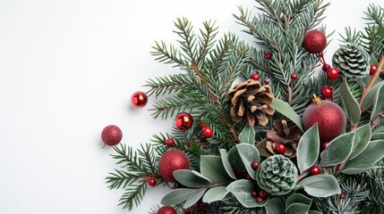 Christmas traditional winter flora greenery with red ball decorations on white background Festive nature bouquet for the holiday season Yule Noel New Year