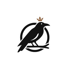 Black Crow Raven With Crown Logo Design on Tree Branch for Nature Wildlife