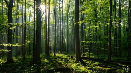 Fototapeta premium Serene forest scene during springtime, lush green foliage, tall trees, bright sunbeams filtering through the canopy, illuminating the soft forest floor