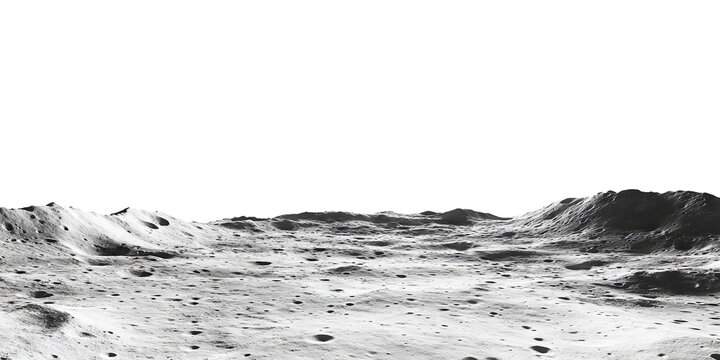 Lunar landscape with craters and mountains, isolated on transparent cutout background