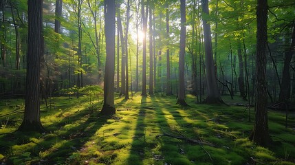 Fototapeta premium Tranquil spring forest, tall trees casting long shadows, beams of sunlight breaking through the branches, fresh moss covering the ground