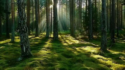 Obraz premium Tranquil spring forest, tall trees casting long shadows, beams of sunlight breaking through the branches, fresh moss covering the ground