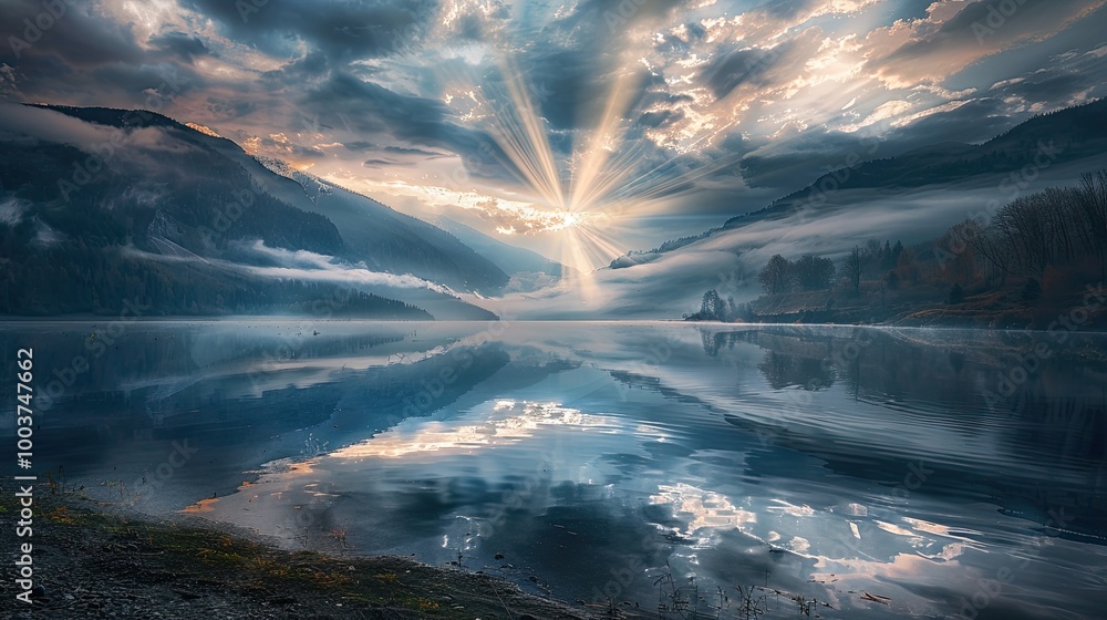 Aufkleber landscape with mountain silhouette reflecting in river and overcast clouds with glowing sun rays
