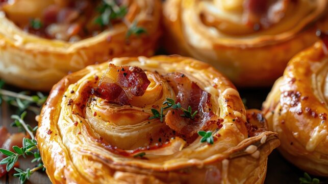 Bacon and cheese puff pastry pinwheel close up view A delicious snack perfect for parties - Powered by Adobe