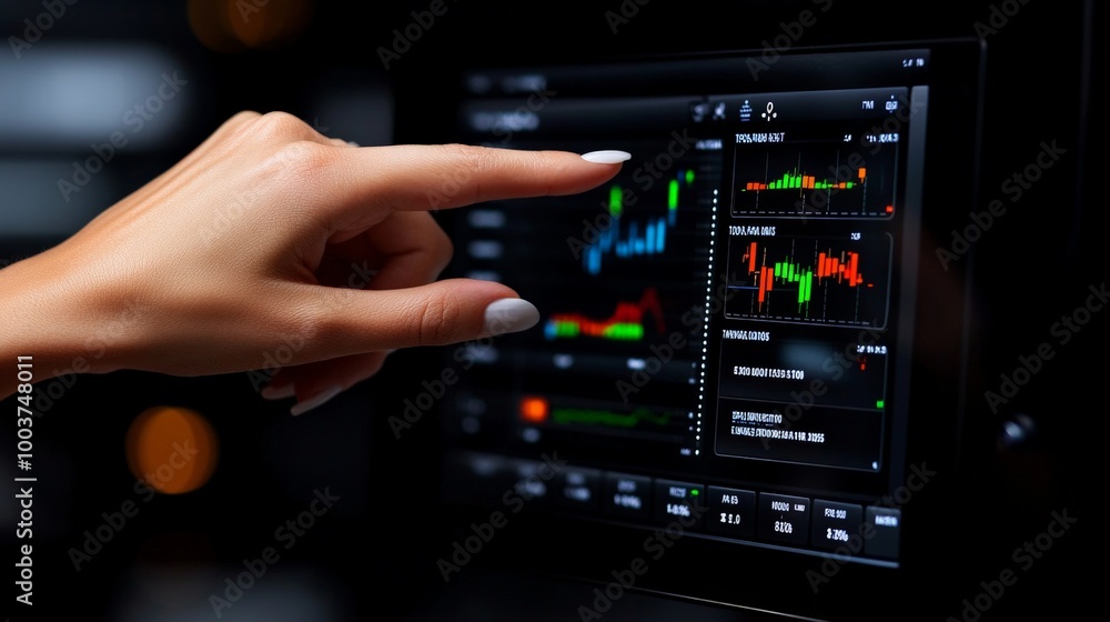 Poster data analysis: close-up of a woman's hand interacting with a sophisticated data analysis interface o