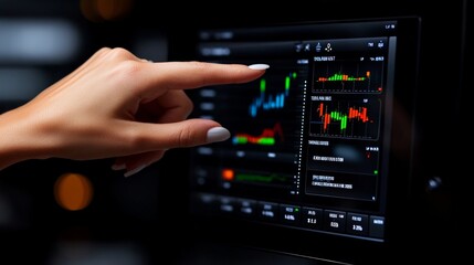 Data Analysis: Close-up of a woman's hand interacting with a sophisticated data analysis interface on a tablet, showcasing intricate graphs and charts.