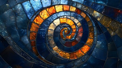 Fototapeta premium Detailed sea glass mosaic in oceanic swirl, vivid coral and golden highlights, set against a deep blue background, Digital art, High resolution, Sharp focus