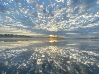 Tranquil Lake at Dawn with Low Hanging Clouds