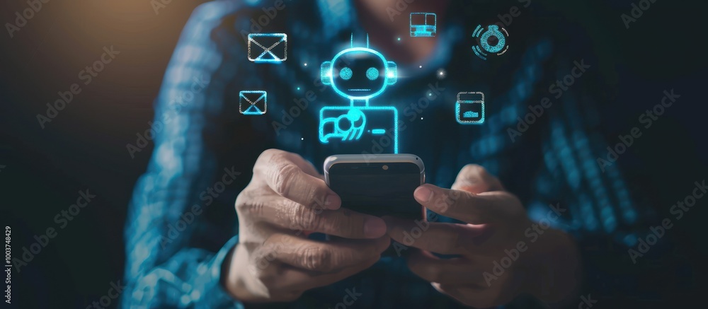 Poster person using mobile phone with digital assistant interface