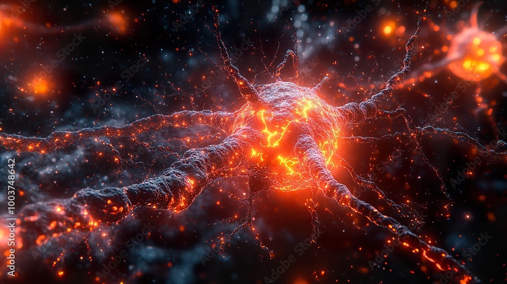 Wall mural glowing neuron: a 3d rendering of a nerve cell