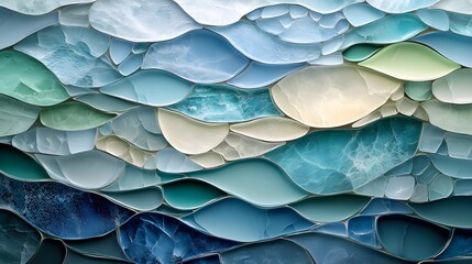 Abstract mosaic of sea glass in gentle shades of blue and green, smooth edges and irregular patterns creating a flowing design that mimics ocean waves
