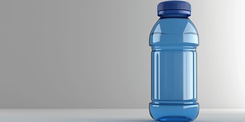 Blue plastic water bottle with cap on a gray background, suitable for packaging, hydration, or environmental themes