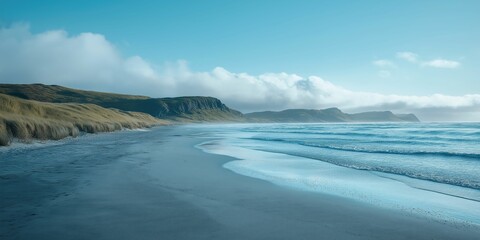 Fototapeta premium Serene coastal landscape with gentle waves and lush greenery under a clear blue sky; a perfect setting for relaxation and tranquility.