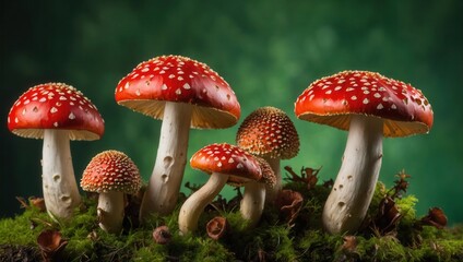 Obraz premium Close-up of three Amanita muscaria mushrooms with red caps and white spots
