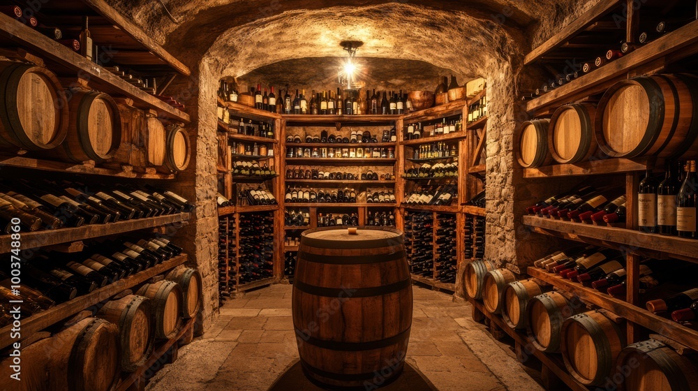 Poster a rustic wine cellar featuring wooden barrels and shelves filled with various wine bottles in a cozy