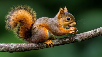 Obraz premium Squirrel Savoring Its Treasure: A captivating portrait of a fluffy, red squirrel perched on a branch, its eyes gleaming with delight as it savors a juicy acorn.