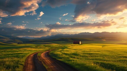 Fototapeta premium Scenic landscape with rolling hills, road, and dramatic sky during sunset, showcasing nature's beauty.