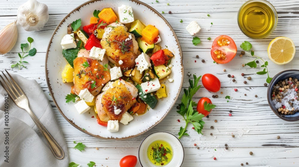 Poster baked boneless chicken thighs with baked mixed vegetables and cubed feta cheese on plate on white wo