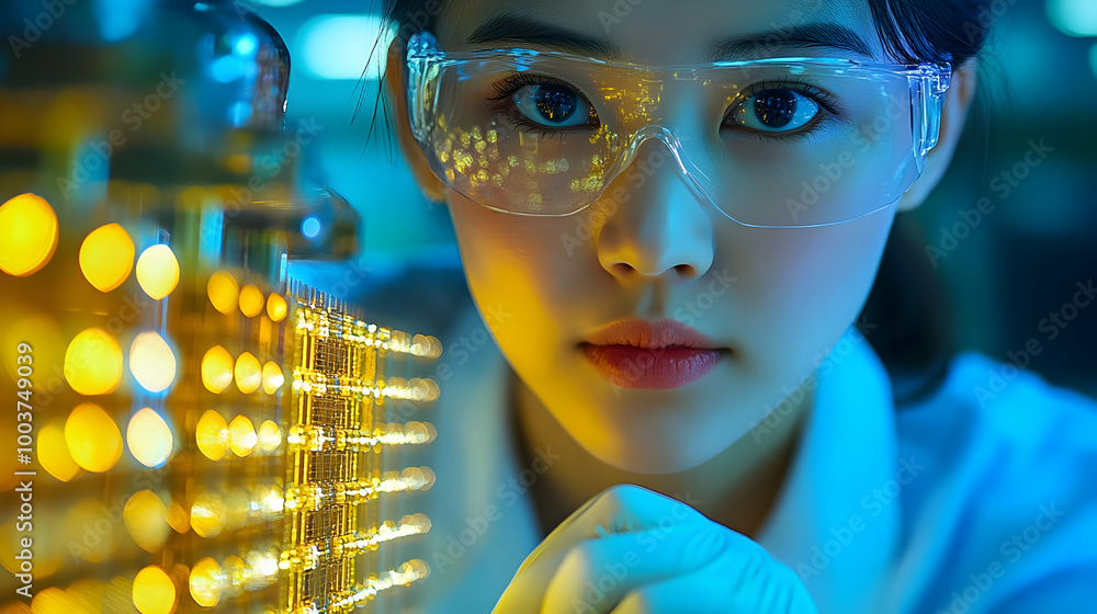 Poster scientist working in lab with microscope and technology advancements