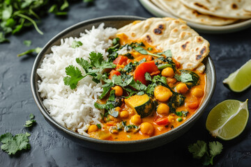 A comforting plate of rice, naan, and curry with cilantro
