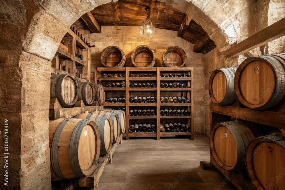 Poster A tranquil wine cellar showcasing wooden barrels and neatly stacked wine bottles in a rustic, stone-walled environment. Generative AI