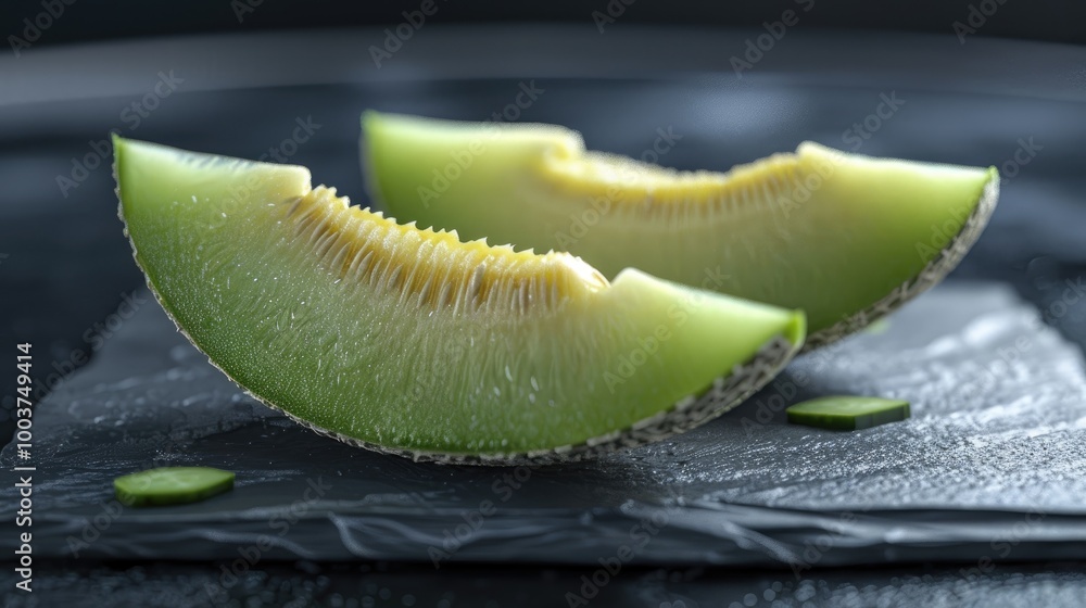 Poster portion of honeydew melon on a rustic slate slab selective focus close up shot x000d