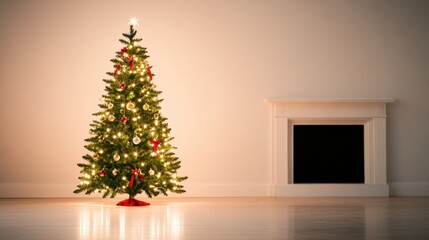 A towering Christmas tree adorned with sparkling gold ornaments, twinkling fairy lights, and elegant red ribbons, against a backdrop of a cozy fireplace.