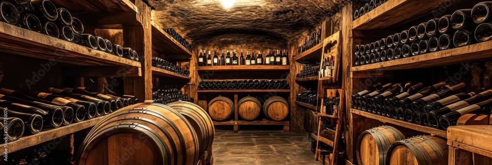 Poster a beautiful underground wine cellar featuring wooden barrels and shelves stocked with wine bottles i