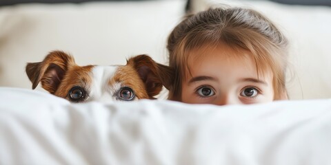 A young girl is hiding behind a dog on a bed. The girl is looking at the camera with a curious expression
