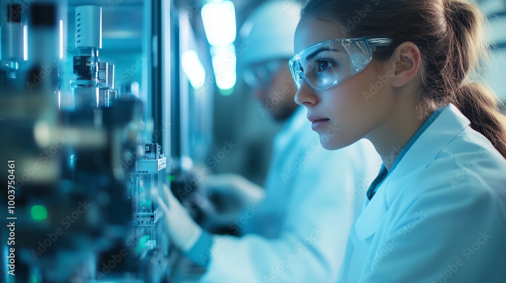 Poster scientist conducting experiments in a modern laboratory with advanced equipment during a research se