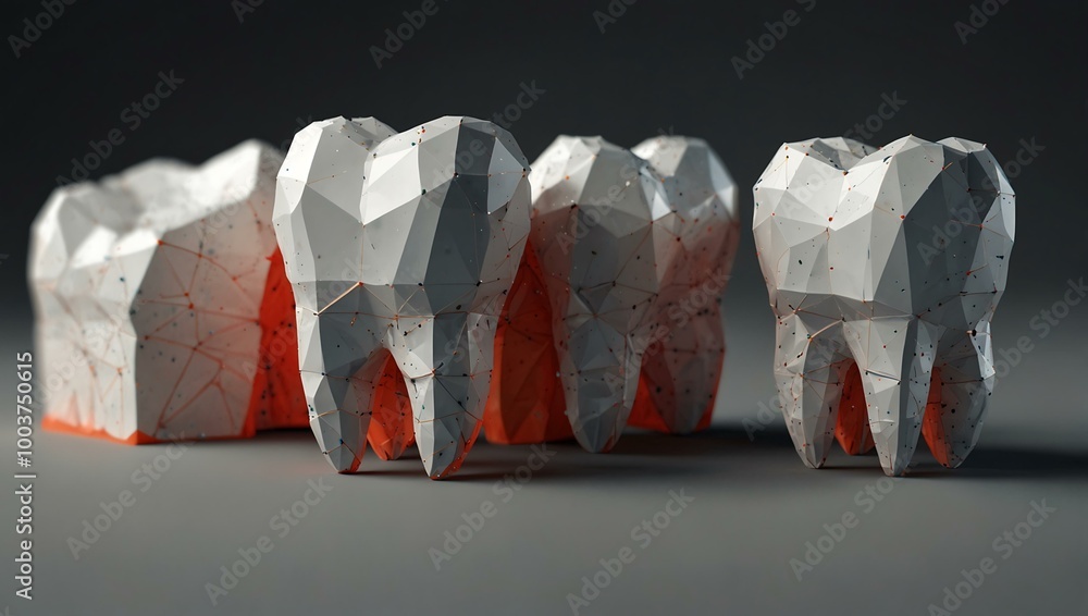 Poster 3d polygonal tooth model in a line and dot design on white.
