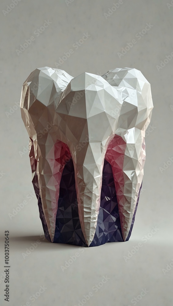 Poster 3d render of a low-poly tooth with a polygonal mesh on white.