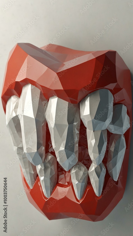 Poster 3d render of a low-poly tooth with a polygonal mesh on white.