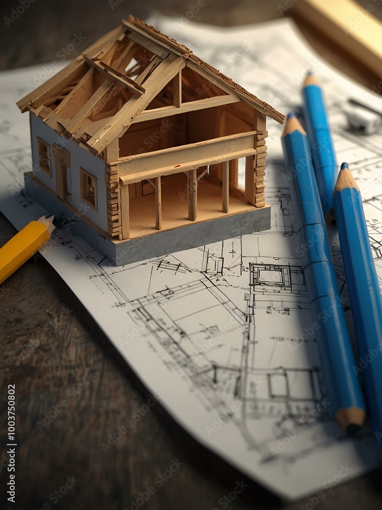 Poster 3d rendering of a house on construction blueprints with pencil and tape.
