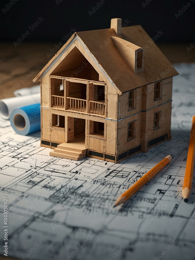 Poster 3d rendering of a house on construction blueprints with pencil and tape.