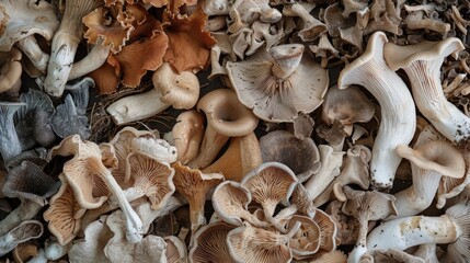 Assortment of dried mushrooms Different species of Asian dry fungi