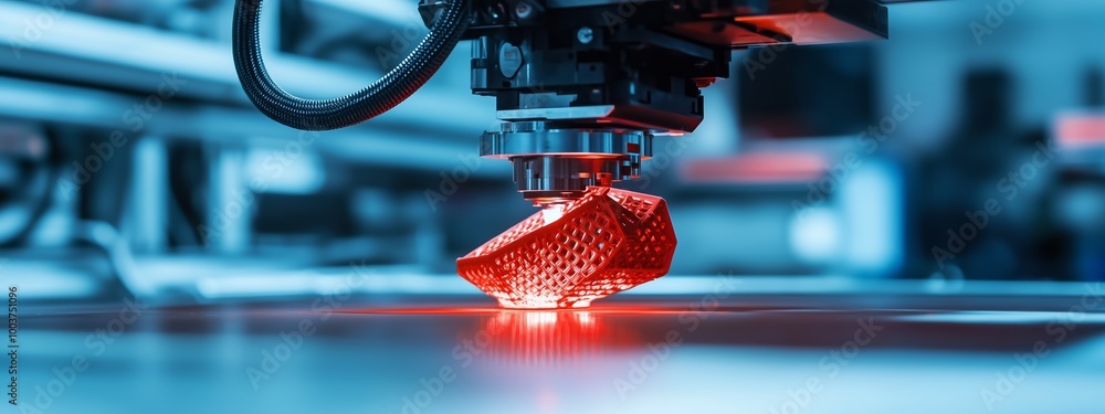 Poster red 3d printer creating a geometric object in a modern manufacturing facility during daylight hours