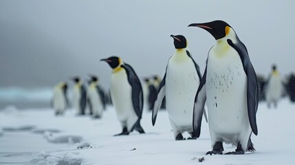 Fototapeta premium Emperor penguin band walks together on white snow to sea