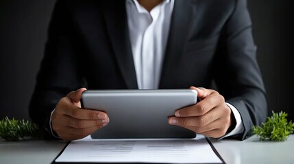 Executive Reviewing Data: A close-up shot of a businessman's hands holding a tablet, reviewing documents at his desk. The image conveys professionalism, focus, and data analysis.