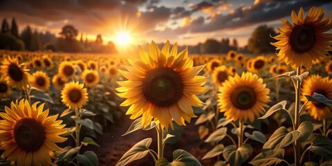 Fototapeta premium Sunflowers in a field at sunset, summer, nature